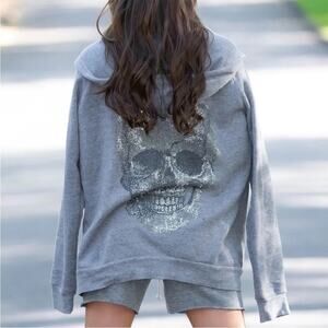 HIPCHIK Couture Big Skull Zip Up Hoodie Sweatshirt Grey Size M